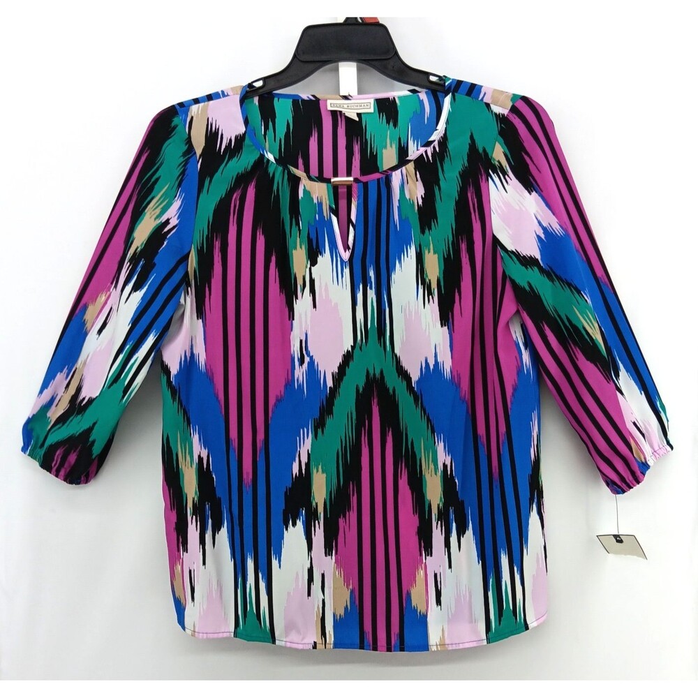 Dana Buchman Blouse Women Medium Multicolor Geometric Abstract Ikat Style Print